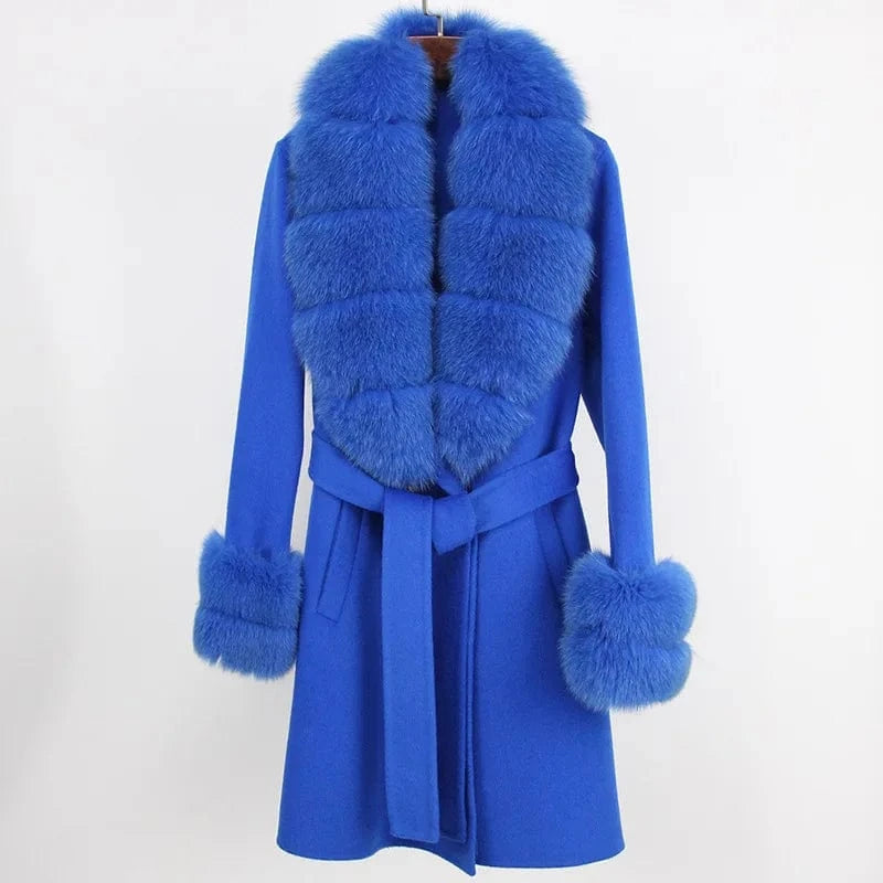 M / Blue Cashmere Coat Women's Mid-Length 2023 Autumn And Winter New Fox Fur Collar Slim-Fit Woolen Coat