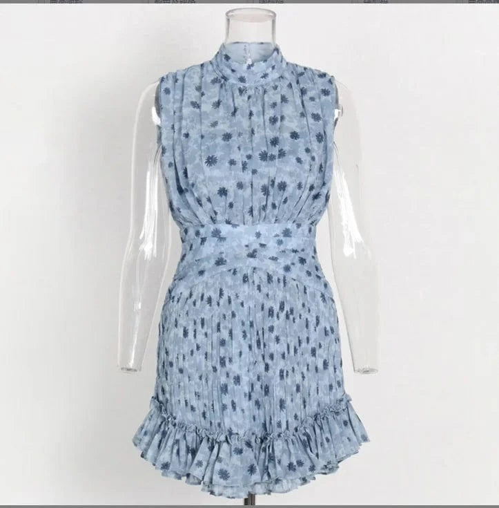 M / Blue CHICEVER Casual Dresses Stand Collar Slim Sleeveless High Waist Dress For Women 2023