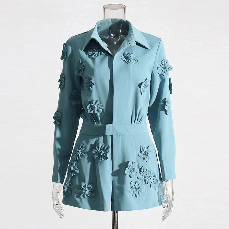 M / Blue CHICEVER Casual Stitching Three-Dimensional Flowers Long Sleeve Jumpsuit Women 2023