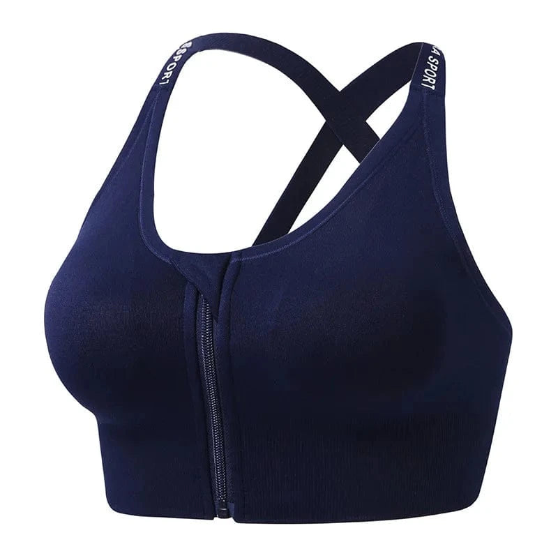 M / Blue Cross Letter Shoulder Straps Thread Fit Sujetador Deportivo Wireless Fitness Gym Yoga Bra Seamless Zipper Sports Bra For Womens