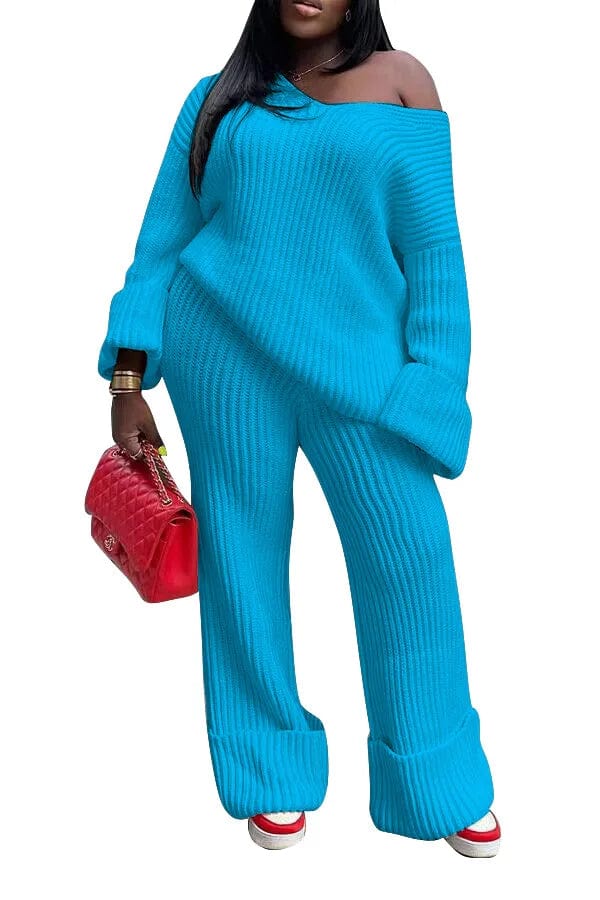 M / Blue Fall Winter Female Two 2 Pieces Clothing Sets Casual V Neck Loose Knit Pullover Sweater Pant Sets For Women
