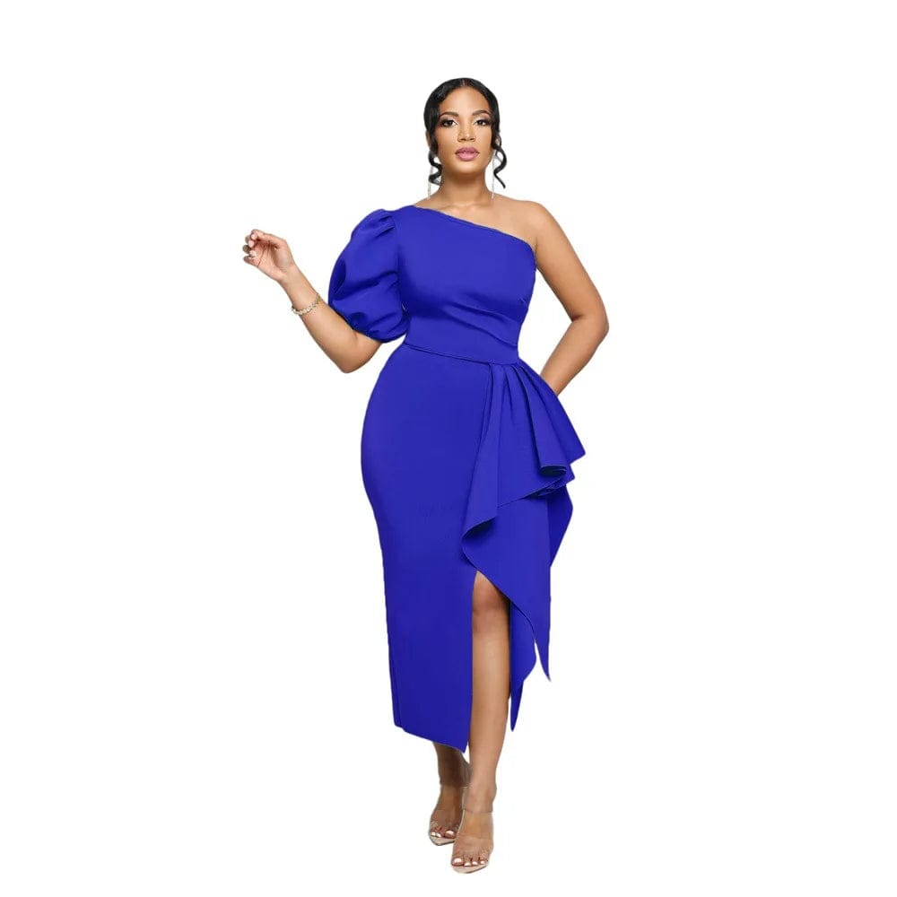 M / Blue Fashion  One Shoulder  Bubble  Sleeve Slim-Fit  Women's Dress