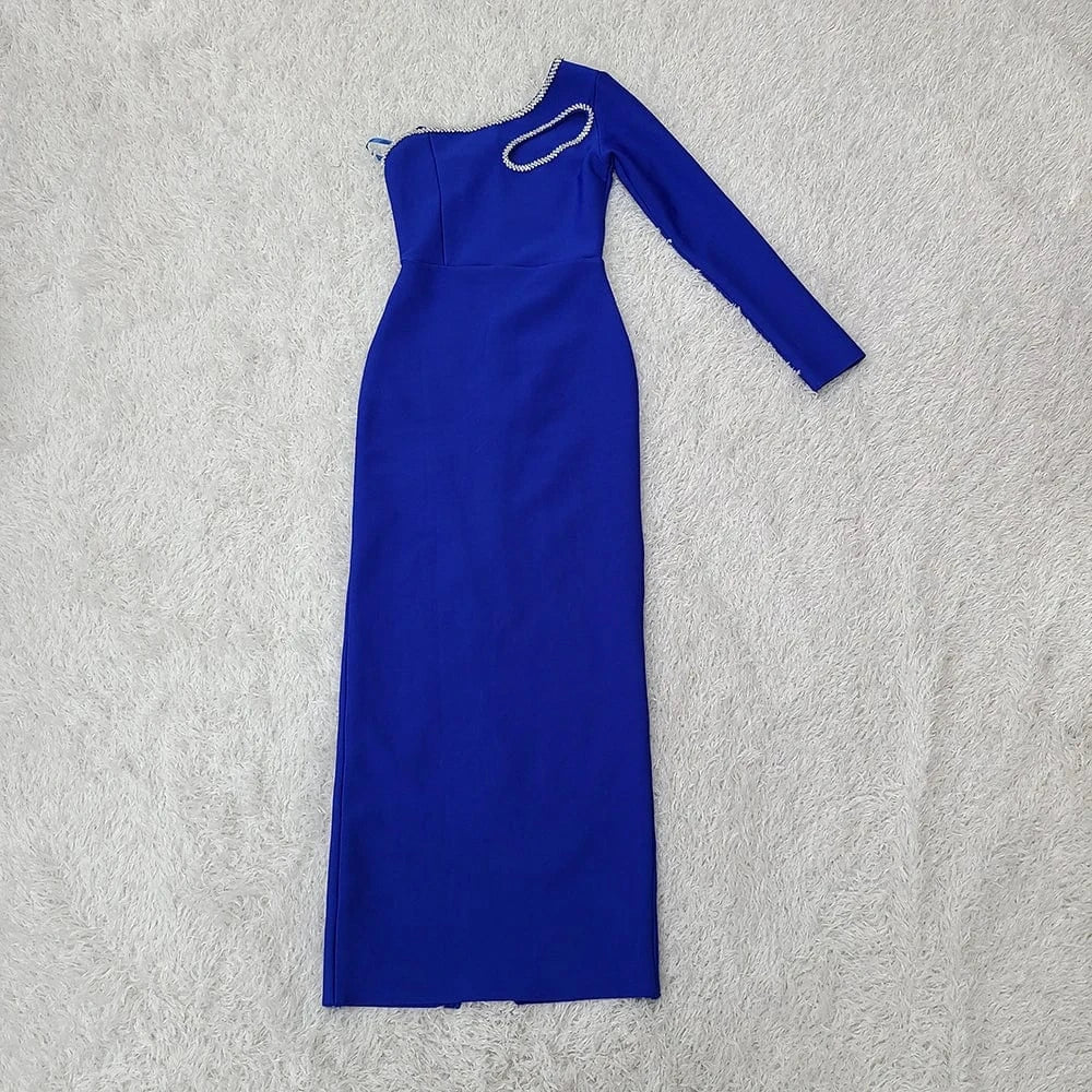 M / Blue Fashion Party Clothing Celebrity Elegant One Sleeve Beading Sexy Bodycon Evening Party Dress