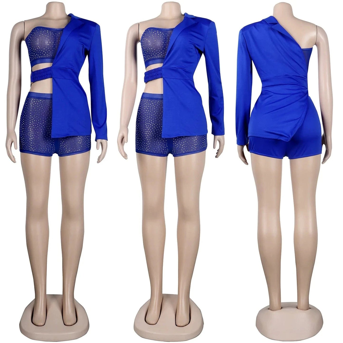 M / Blue Fashion Women 3 Piece Set Shiny Rhinestone Tube Top + Mesh Shorts + Half Solid Color Jacket Sexy Lady Club Wear