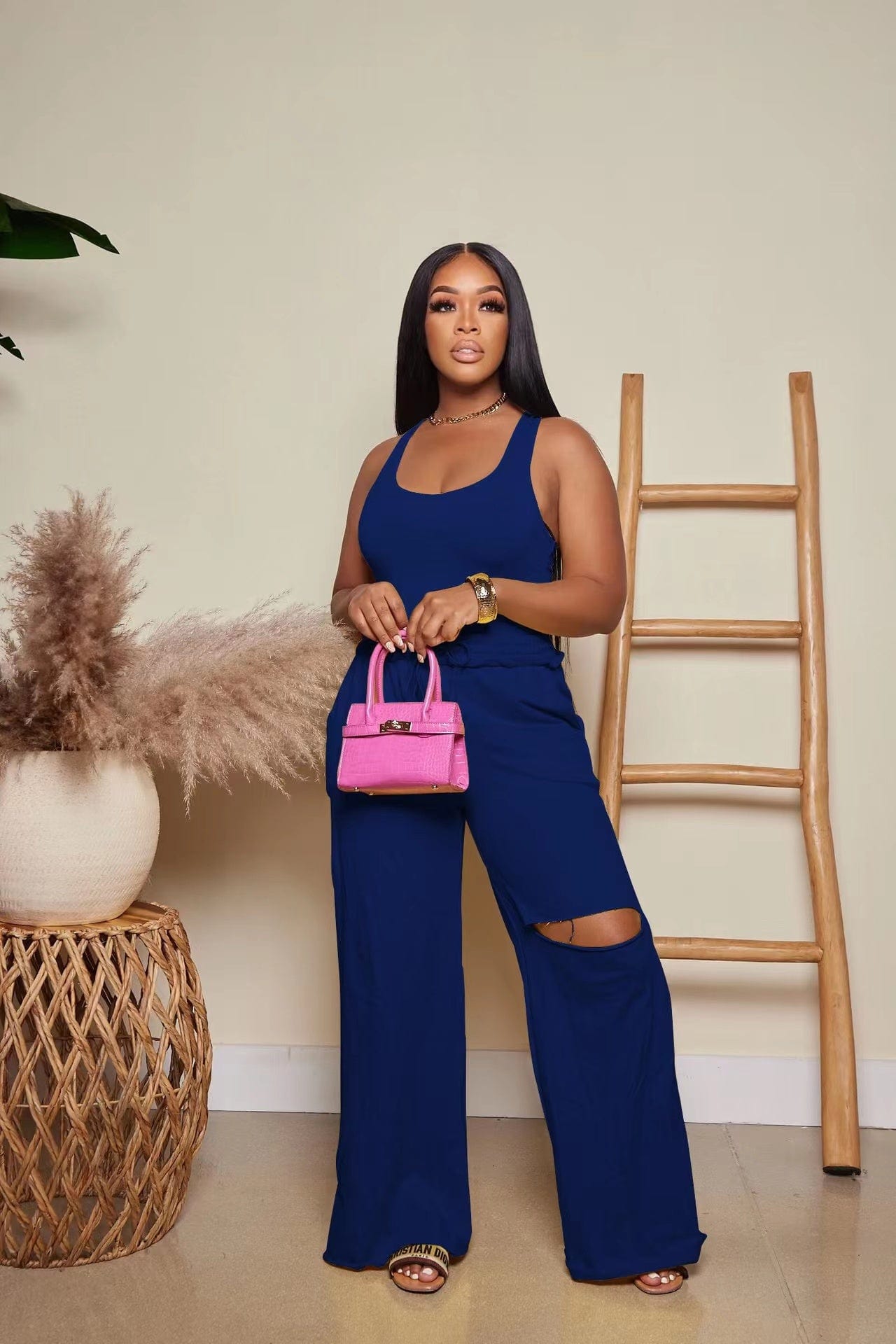 M / Blue J&H 2023 new arrivals tank top and wide leg pants 2 piece set ladies plain outfits slim fit casual wear