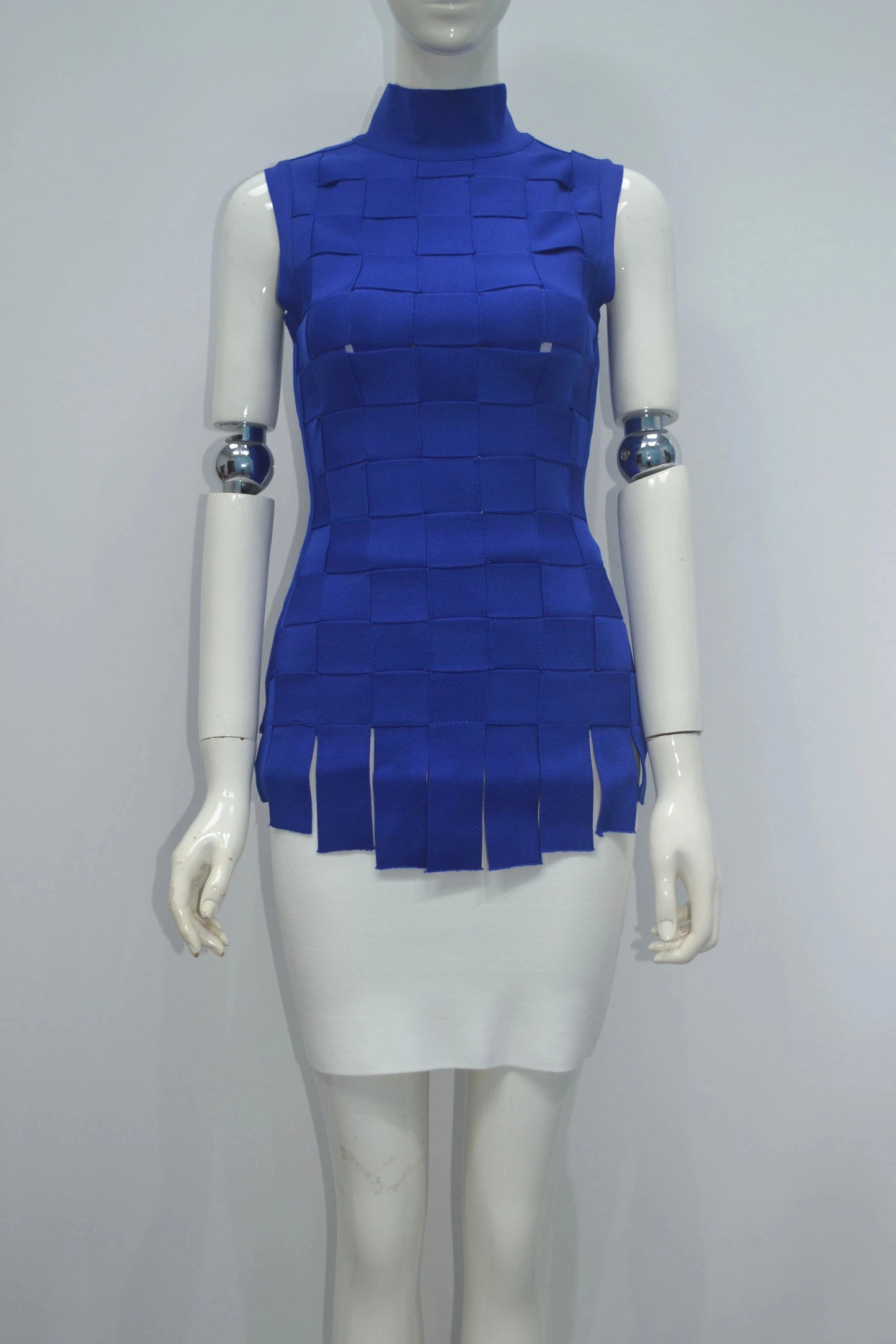 M / Blue Ladies Spring and summer style patchwork plaid sleeveless blazer elastic slim sexy skirt bandage two piece set