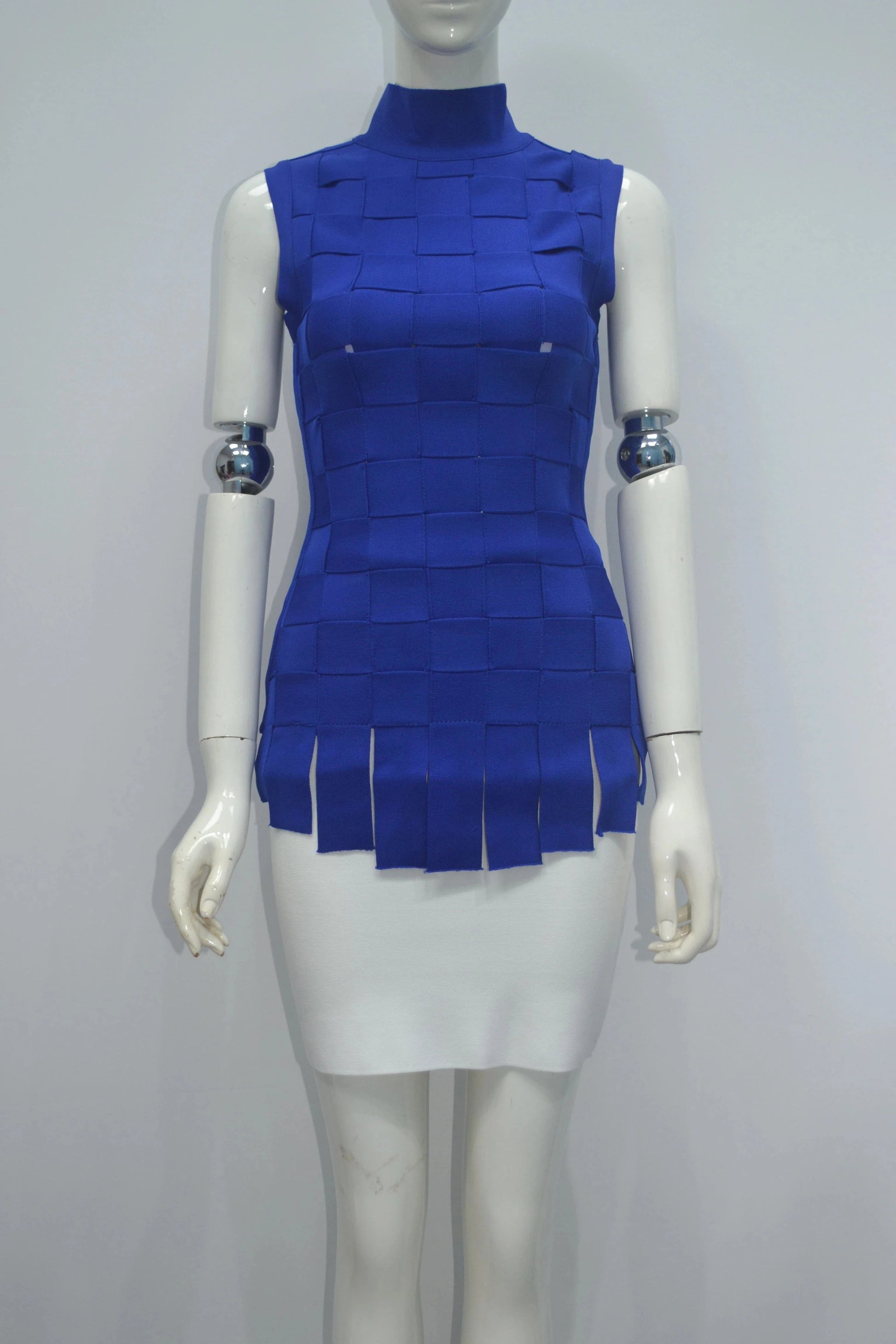M / Blue Ladies Spring and summer style patchwork plaid sleeveless blazer elastic slim sexy skirt bandage two piece set