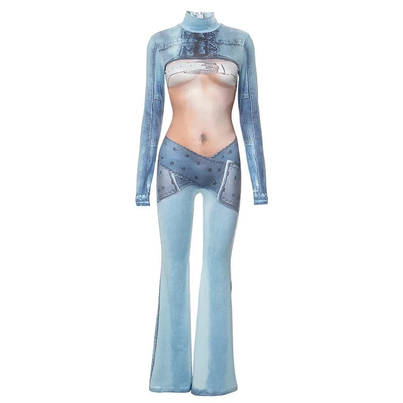 M / Blue Liu Ming Valentines Day Gift 2024 Women Sexy Long Sleeve High Neck Flare Pants Overall Party Club Denim Body Print Jumpsuit