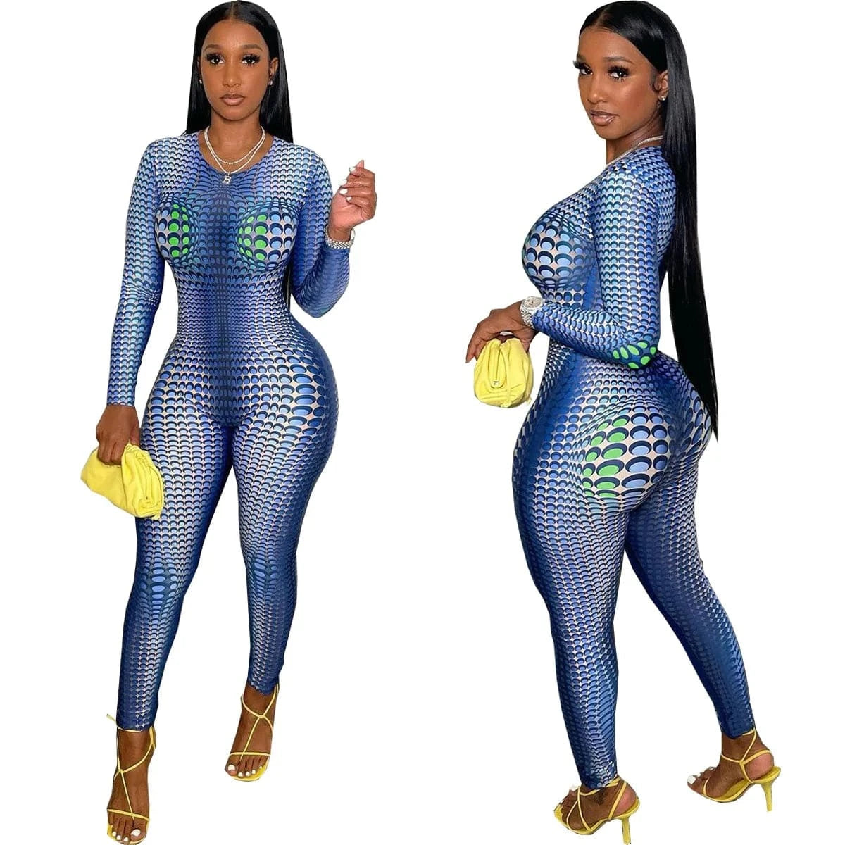M / Blue Long Sleeve Fall Women Jumpsuit Bodysuits Fitted Slim Bodycon Print Jumpsuit Workout Women One Piece Sportswear Zip Jumpsuits