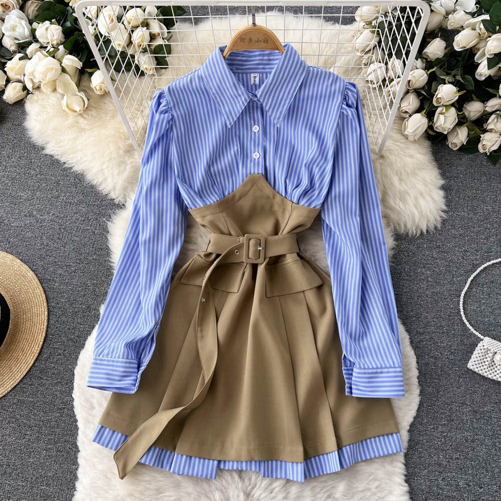 M / Blue Long Sleeve Striped A-line Dress Autumn Contrast Color Mini Dress Ladies Casual Dress Clothes Women Wholesale