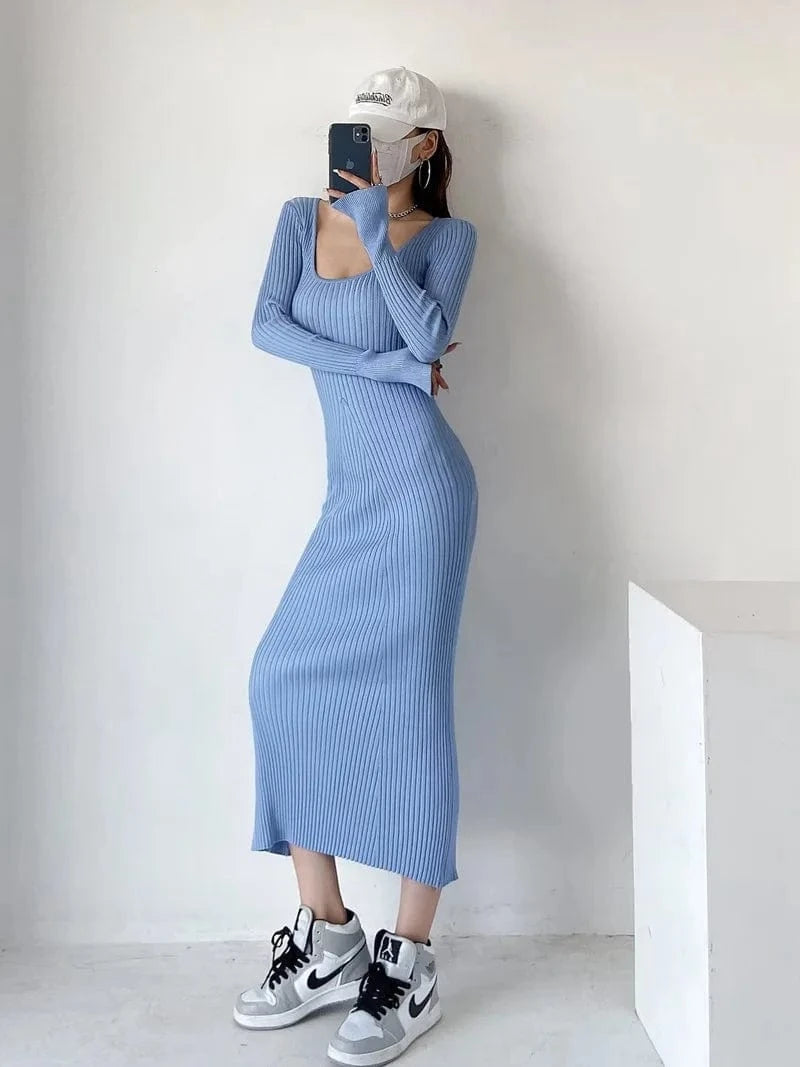 M / Blue Luluxixiyaya Women V neck  Mermaid sexy bottom wrap hip skirt Bodycon Maxi Sweater Dress