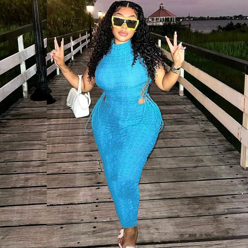 M / Blue New arrivals 2022 women crew neck sleeveless elegant dresses classic evening prom dress undefined hollow out lace up maxi dress