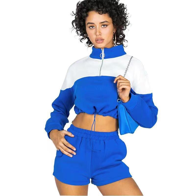 M / Blue New Spring 2022 Women High Collar Custom Casual Sport Set Sweatshirt Jogger and Shorts Suit Stitching Design Shorts Set