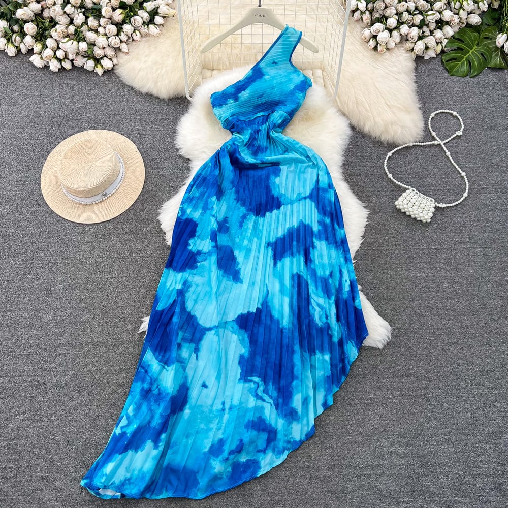 M / Blue New Summer Sleeveless Pleated Slant Neck Strapless a-line Irregular Printed Dresses