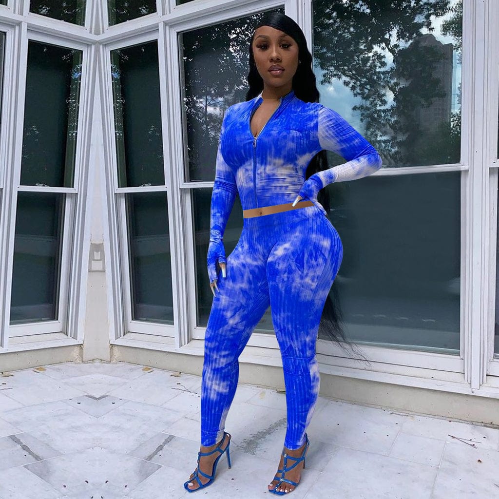 M / Blue New Women Clothing Ins Style Womens Pit Ribbed Tie-dye Printed Casual Long Sleeve Zipper Bodycon 2 Pieces with Gloves
