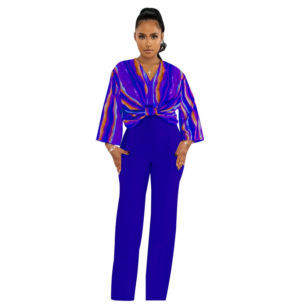 M / Blue New women's suit V-neck printed top solid color straight trouser suit summer