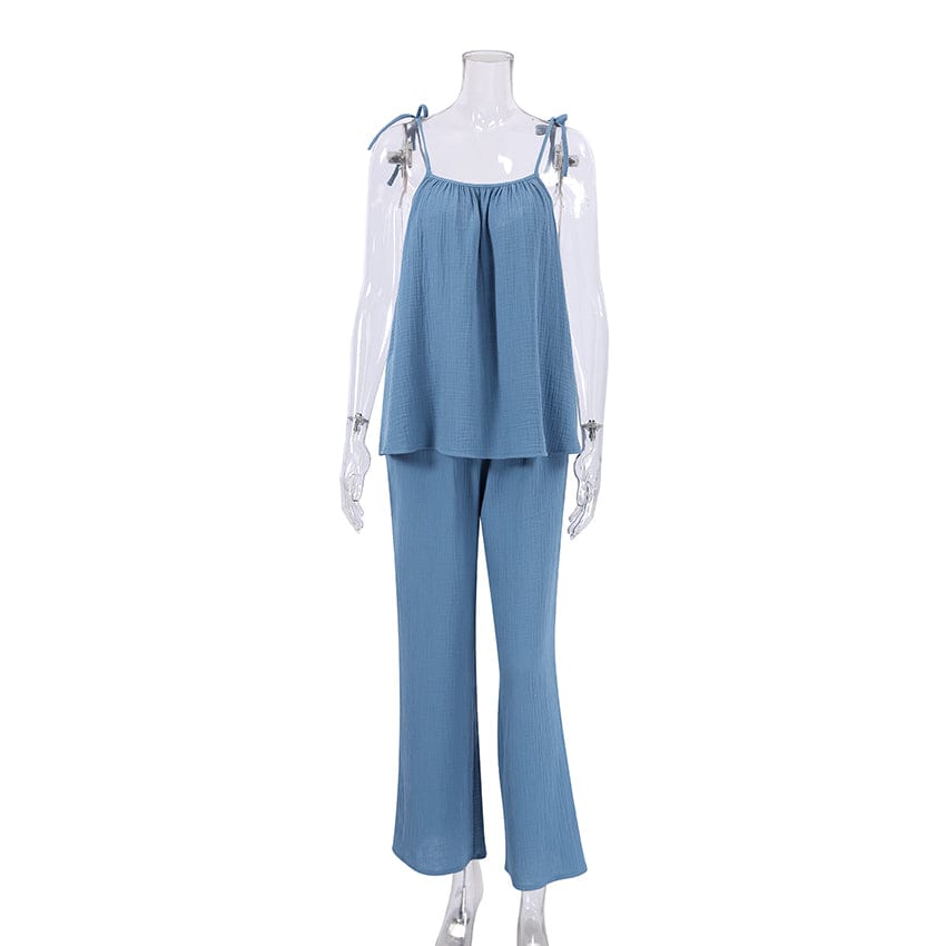 M / Blue OOTN Solid 2023 Autumn Nightwear Spaghetti Strap Casual Sleepwear Female Trouser Suits Cotton Pajamas For Women 2 Piece Sets