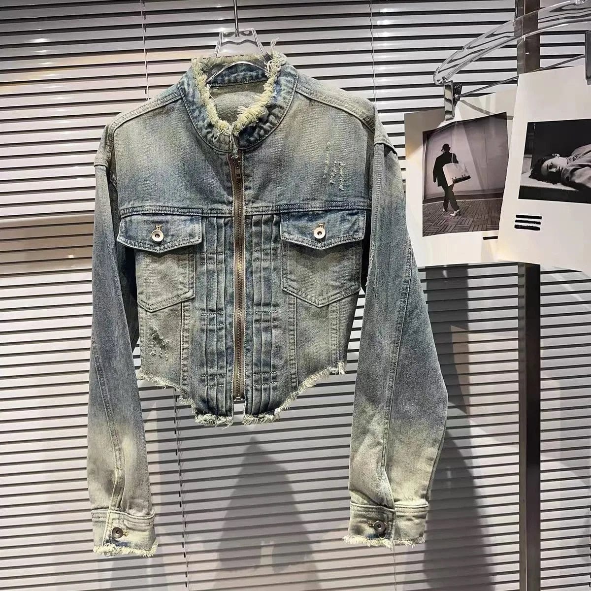 M / Blue OUDINA Autumn Trendy Street Tassel Raw Edge Stand-up Collar Washed Jean Jackets Gradient Short Cropped Women Denim Jacket