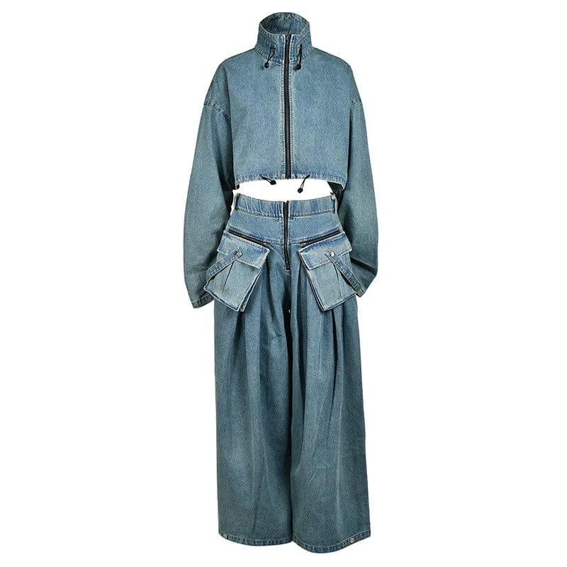 M / Blue OUDINA Fashionable Denim Jacket Set Vintage High Waist Women Jean Pants Stand Neck Two Piece Set