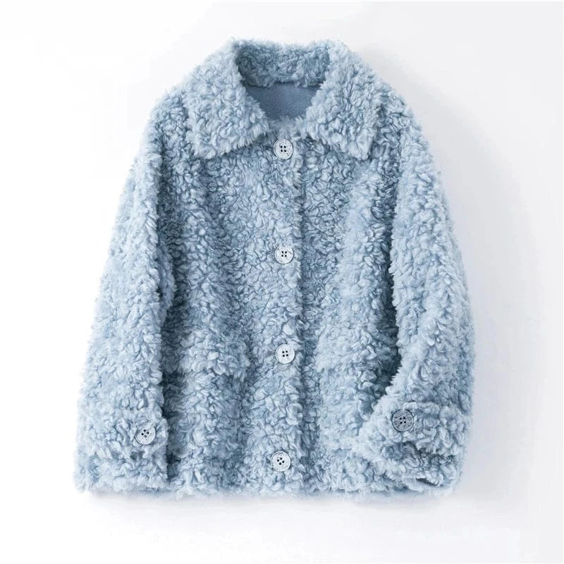 M / Blue Pudi women real fur coat jacket female natural sheep fur coats turn down collar jackets parka H886