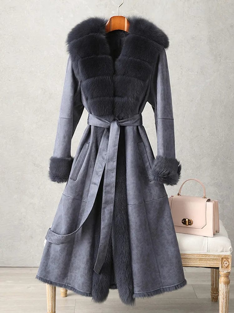 M / Blue PUDI Women Winter Fur Coat Lady Fox Collar Rabbit Lining Leisure Long Jacket Trench CT187