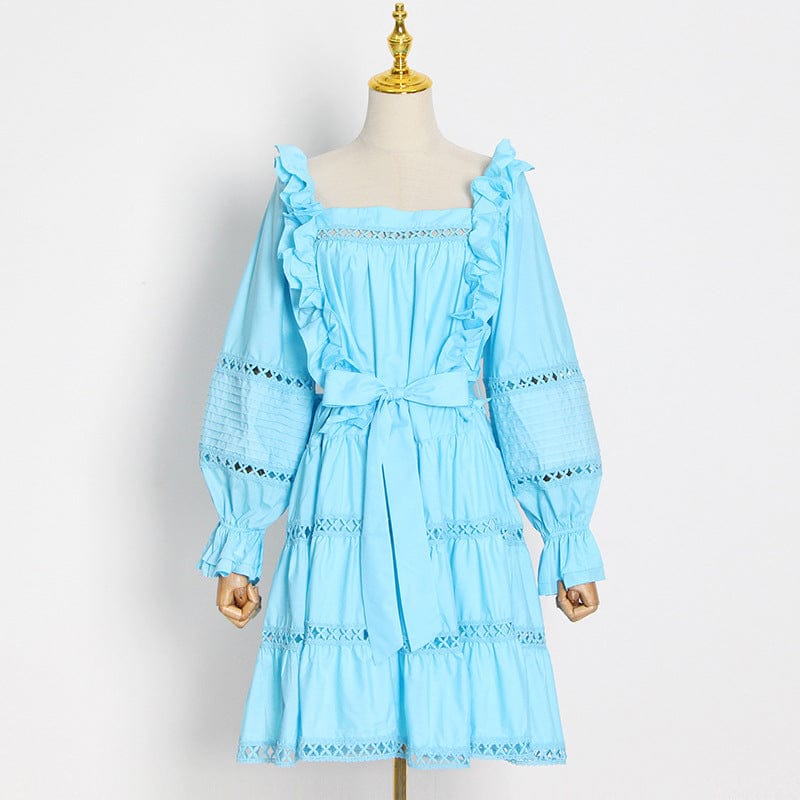 M / Blue Ropa Para Mujer Elegant Solid Color Ruffled Dress Women's 2022 Autumn New One-word Collar Hollow Embroidery Lace-up Dress
