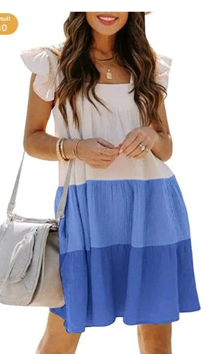 M / Blue S-XXL Women's New Dress Double layered color blocking square neckline medium length swing skirt