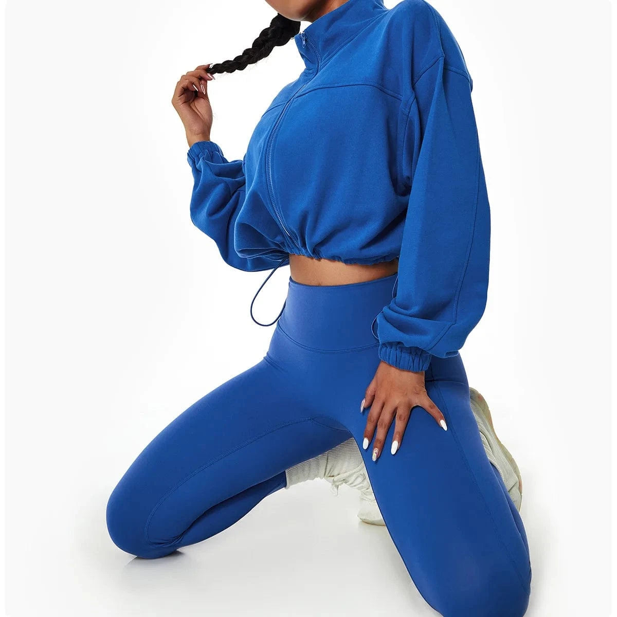 M / Blue set Custom Logo Recyle yoga two piece pant set women Sportswear  Zip Up Jacket and High Waist Legging Activewear yoga Set