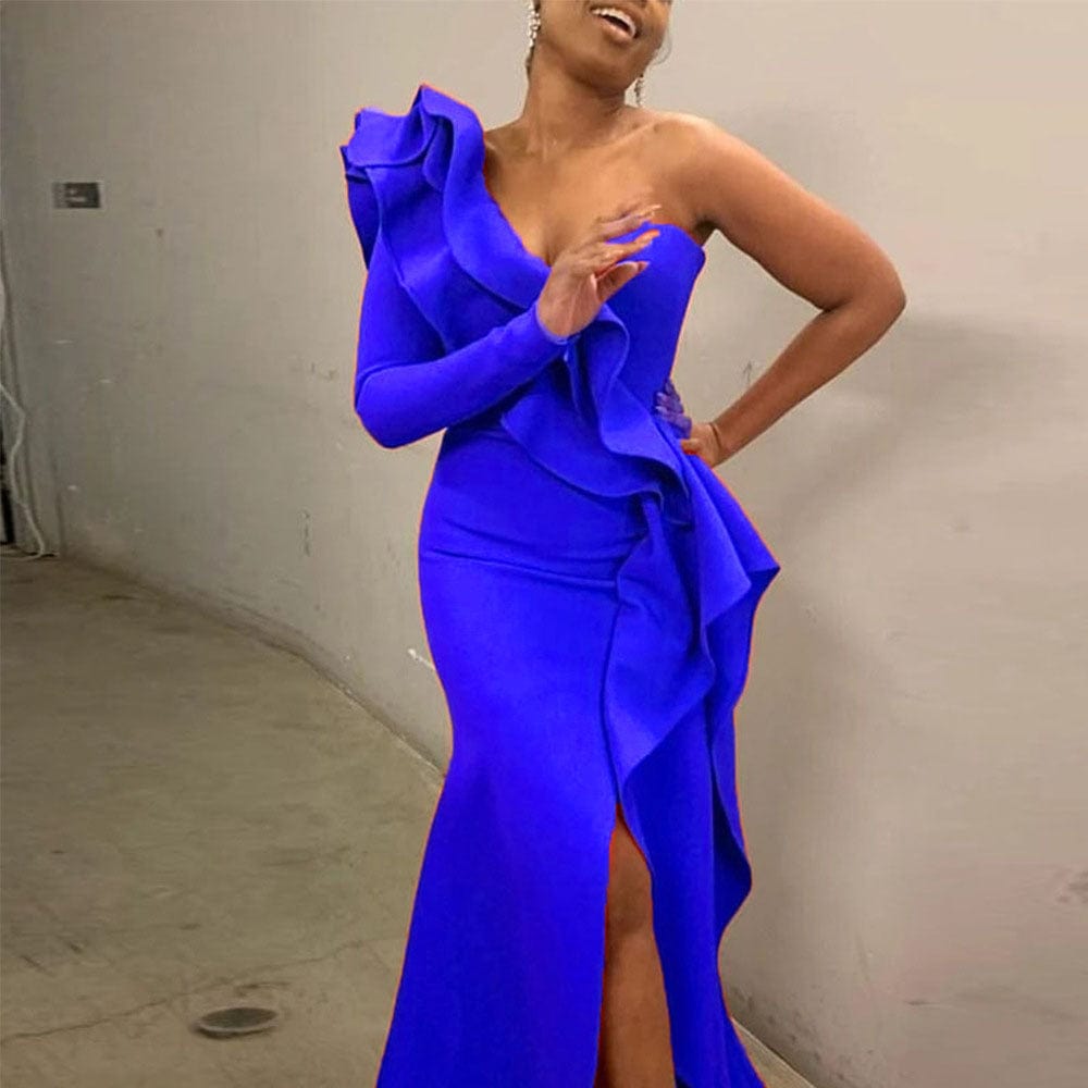 M / Blue Sexy One Shoulder Backless Asymmetrical Red Maxi Women Evening Dresses