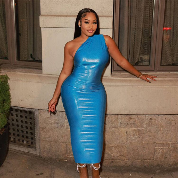 M / Blue Sexy Solid Asymmetric Bodycon Maxi Dresses Club Outfit For Women 2023 Inclined Collar Party Long Dress