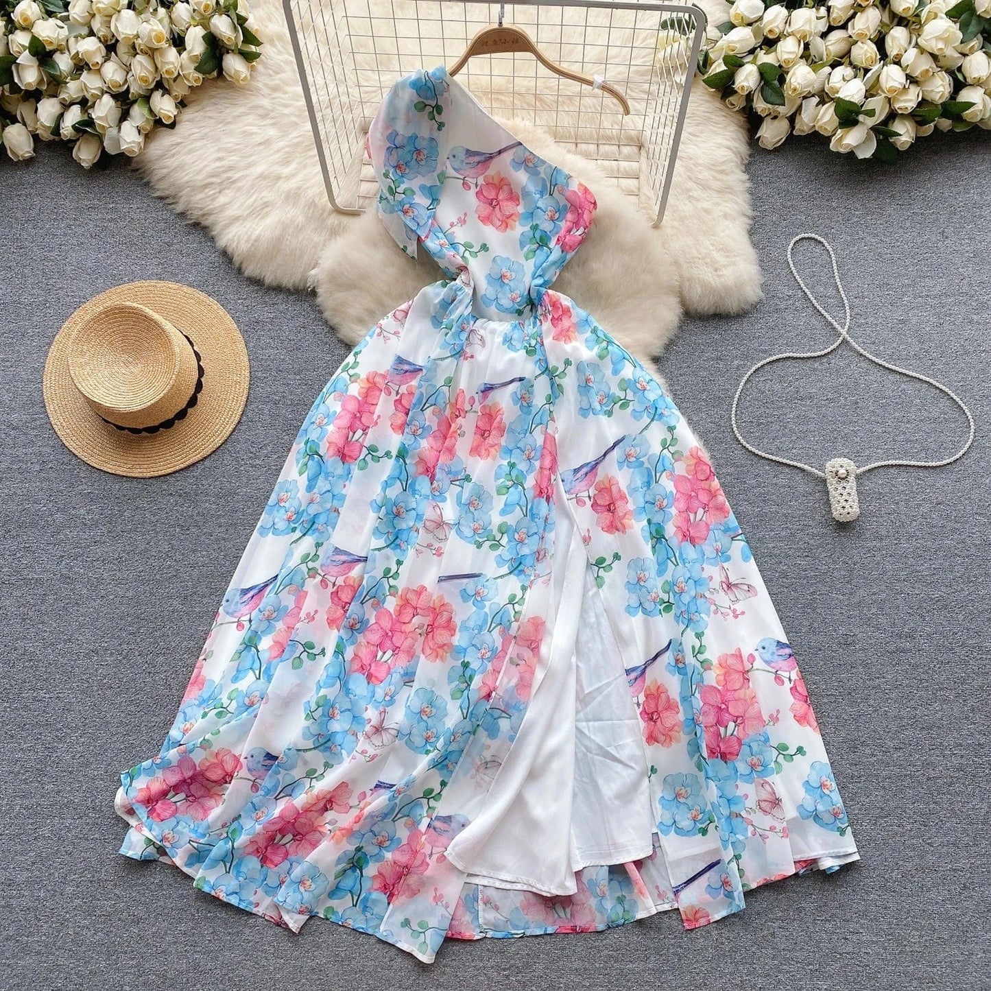 M / Blue Sleeveless V-neck Print A-line Dress Summer Asymmetric Chiffon Maxi Dress Ladies Casual Dress Clothes Women Wholesale