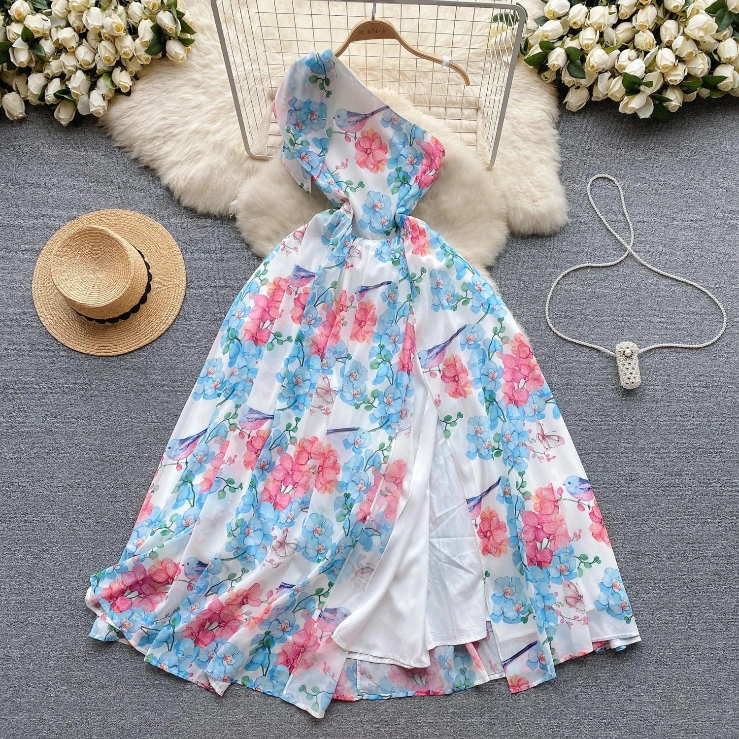 M / Blue Sleeveless V-neck Print A-line Dress Summer Asymmetric Chiffon Maxi Dress Ladies Casual Dress Clothes Women Wholesale