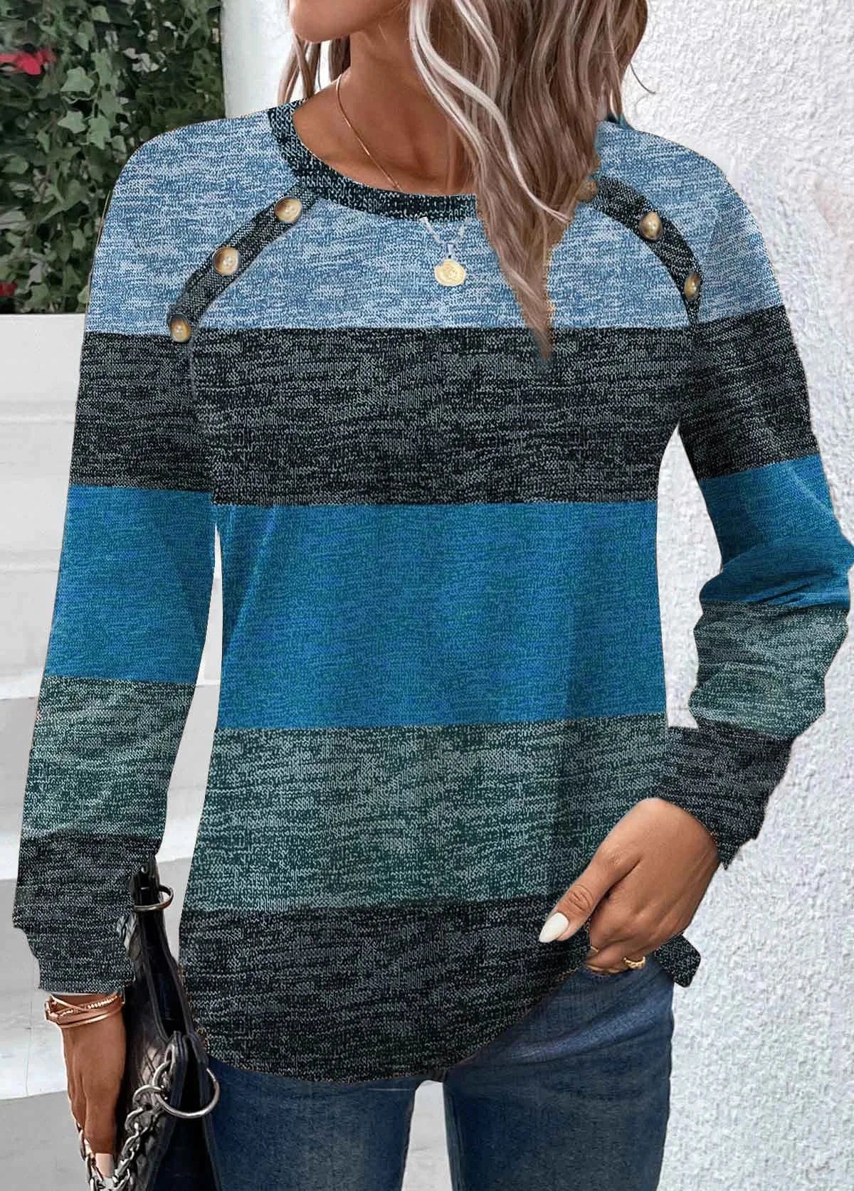M / Blue / Spandex / Polyester 2023 European and American Autumn and Winter New Contrast color button Long sleeve Round neck T-shirt top Women's clothing