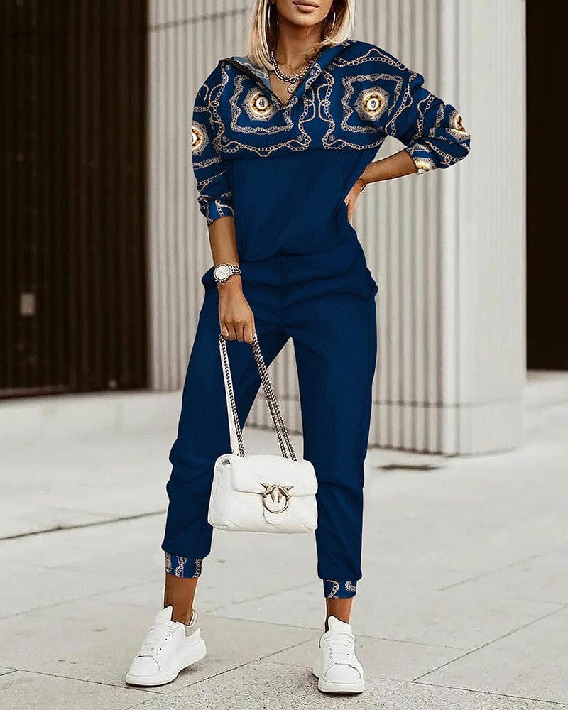 M / Blue Spring fall new women's two sets ladies casual sports long sleeve pants fashion print 2 piece women set clothing
