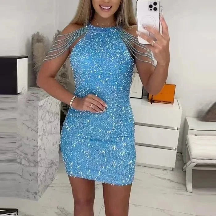 M / Blue Summer Sequin short dress sexy slim fringe night dresses for woman