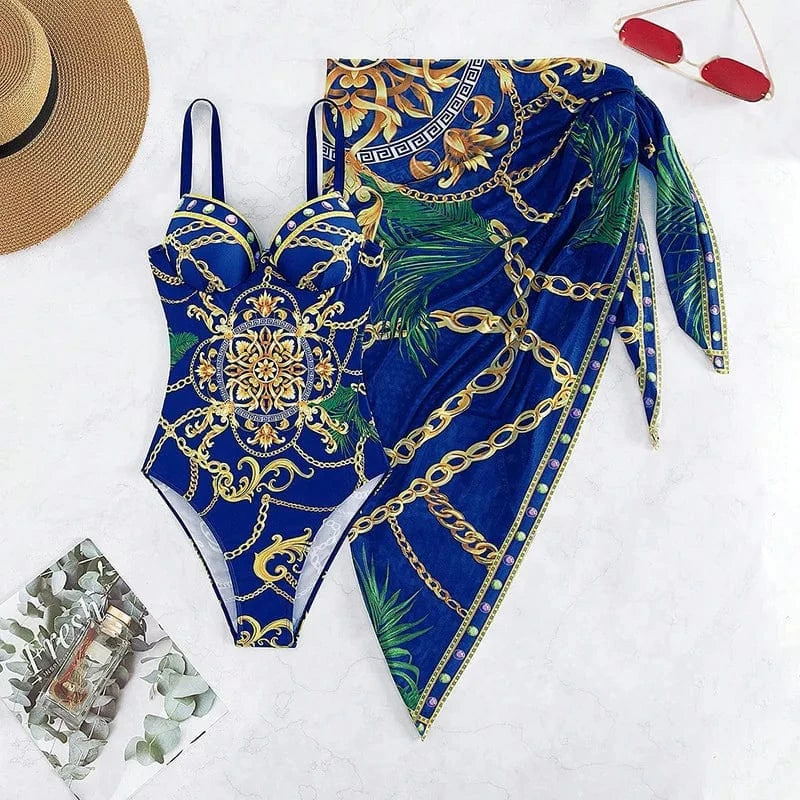 M / Blue Summer Surfing Swimwear 2024 Designer Printing Halter High Waist Swimsuit Cover Ups Bathing Suits For Women