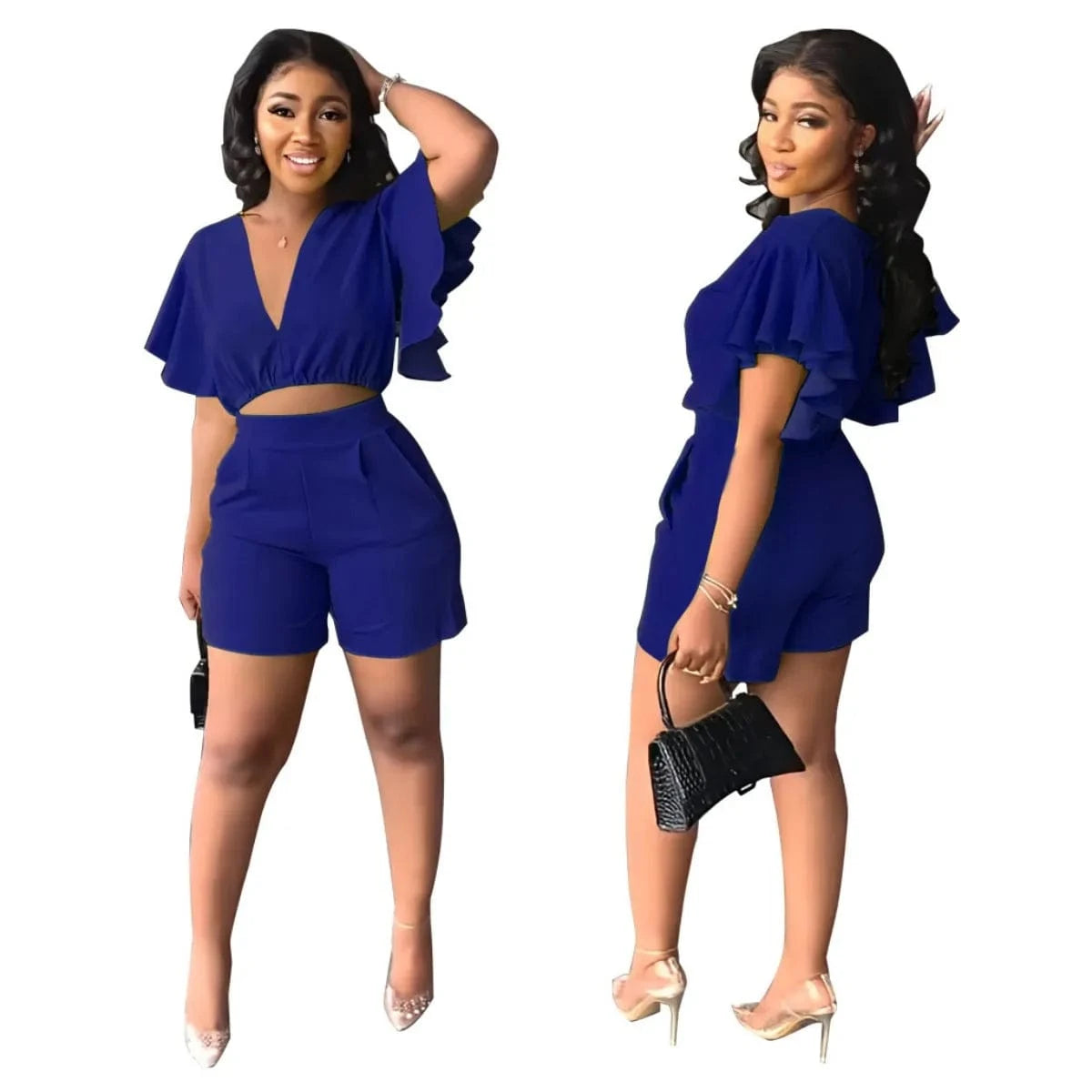 M / Blue Summer Women's Sets Ruffled Sleeve V-neck Top + High Waist Pocketed Shorts Suit Lady Solid Casual Two Piece Set