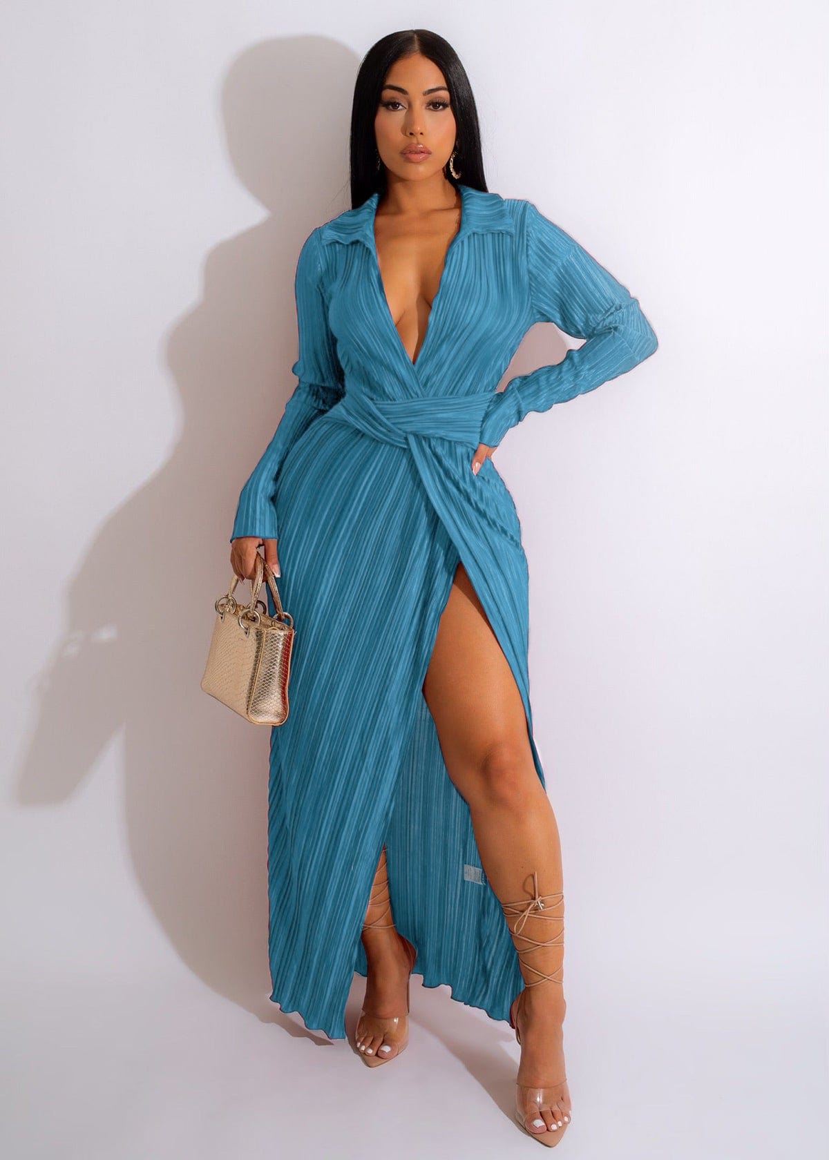 M / Blue Trendy Women Clothes Fashion Dresses  Split Dress V Neck Long Sleeve Fall Winter Sexy Women Maxi Pleated Dresses