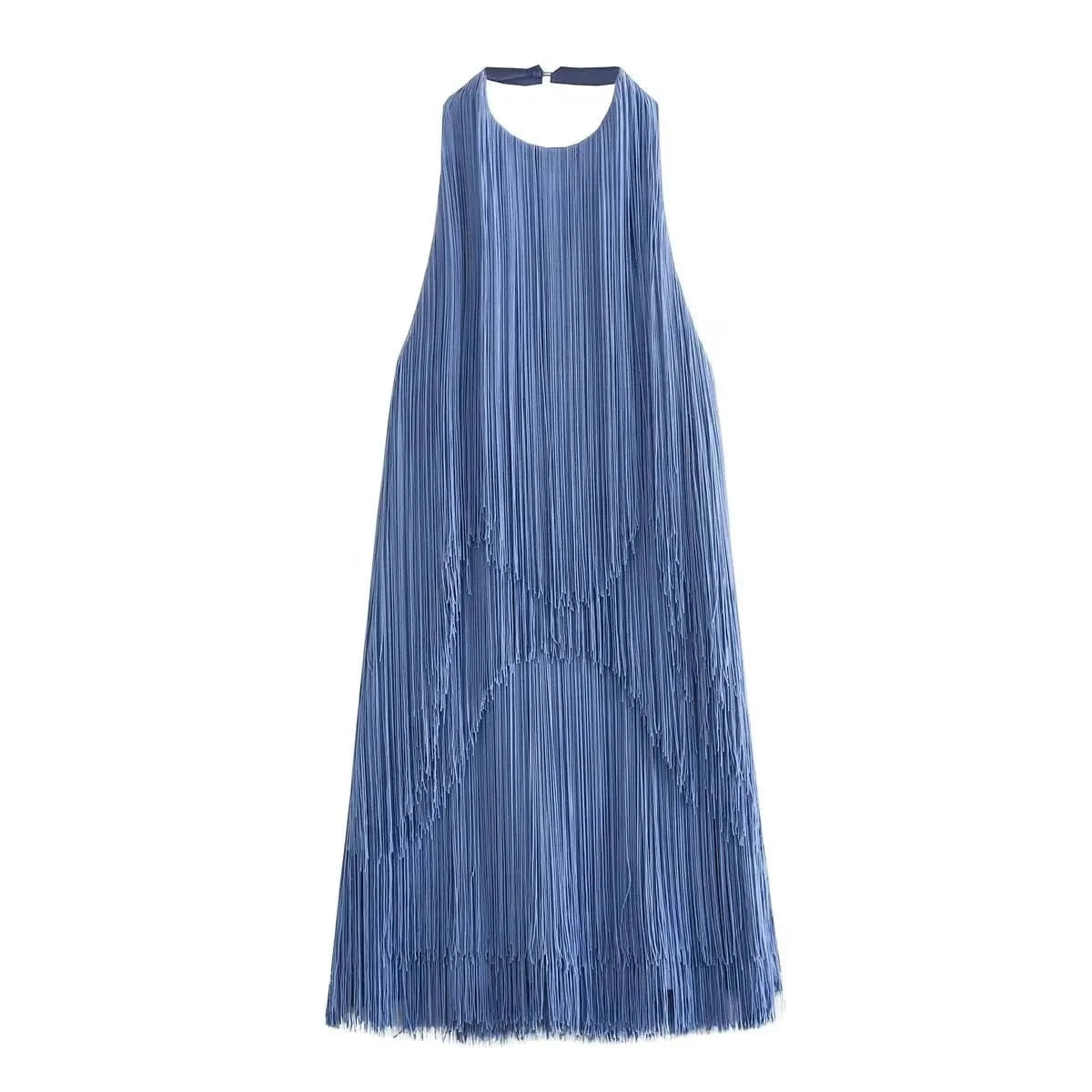 M / Blue Wholesale 2024 Summer New Product European and American Style Women's Solid Color Loose Tassel halter Dress
