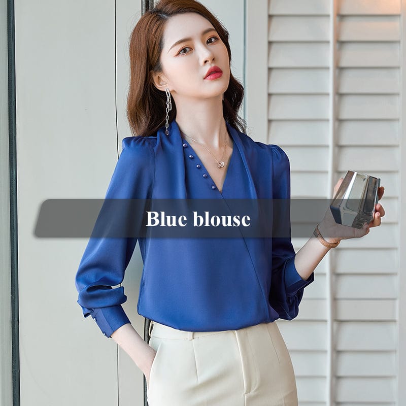 M / Blue Wholesale Dropship OEM Fashion elegant V-neck Blouse with Beading Work Wear Office Lady Female Tops Chemise Loose style