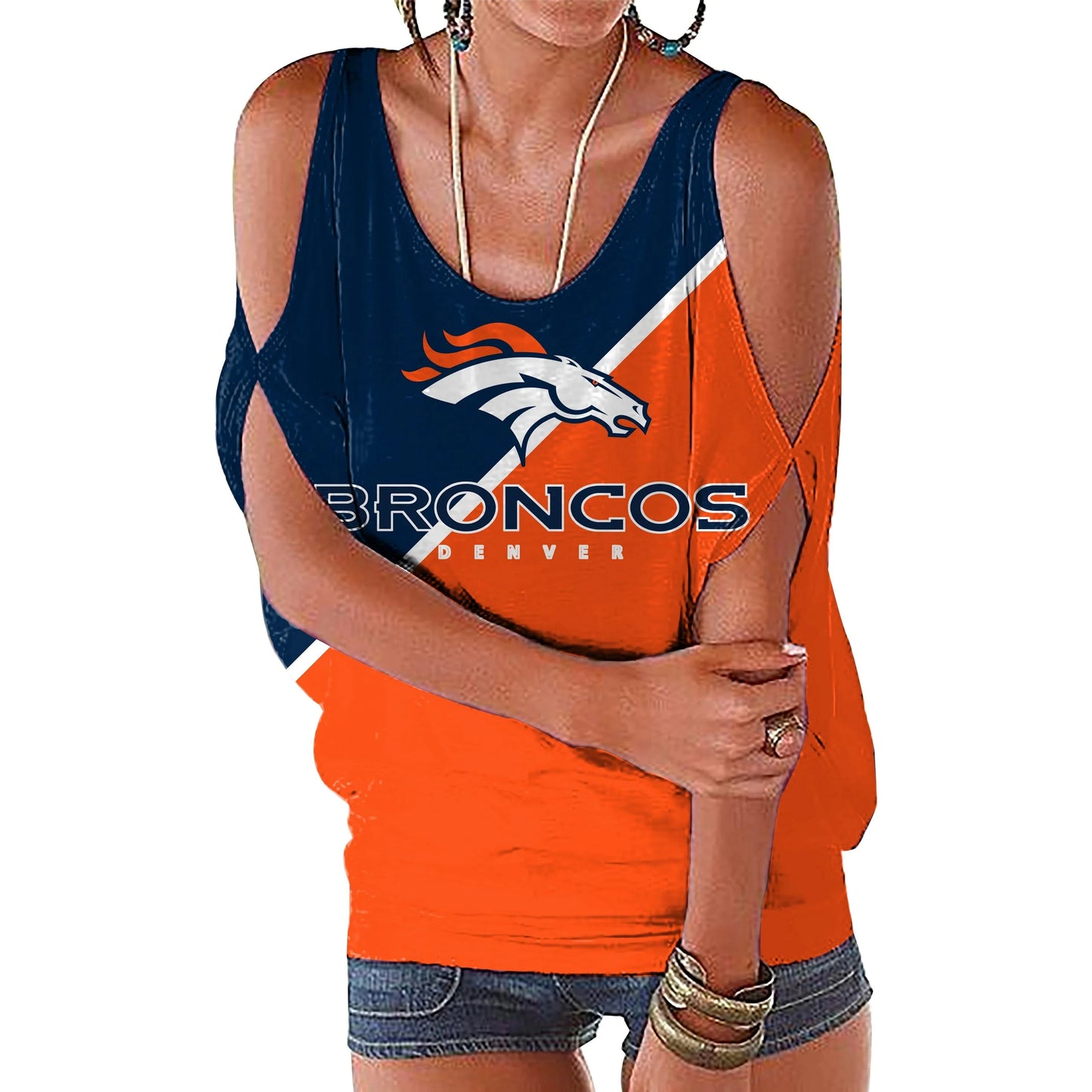 M / broncos custom nfl polyester t shirt girl o neck short sleeve plain shirts ladies off shoulder plus size women's blouses & shirts