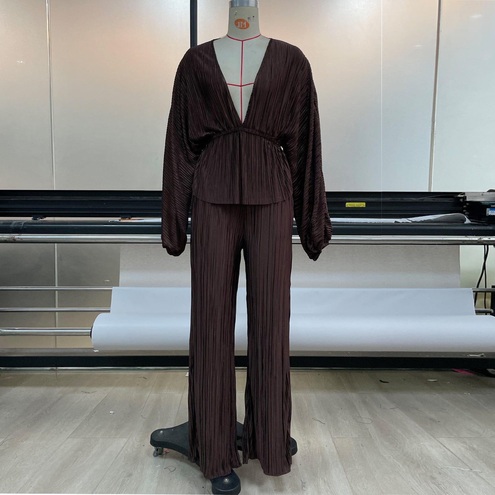 M / Brown Bclout/QINSI Lady Elegant Loose High Waist Pants Set Fashion Brown Pleated Trouser Suits Sexy Deep V-Neck Shirts Two Piece Set