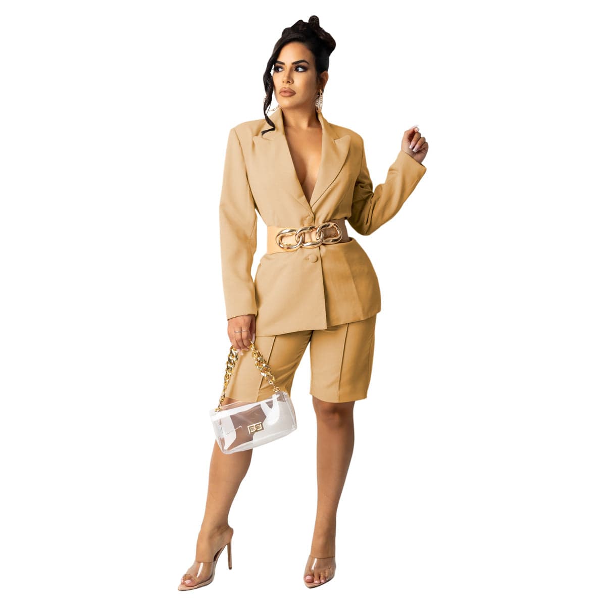 M / Brown C1104TA3 Office Style Casual Solid Color Blazer Coat Two Piece Shorts Set Women Sehe Fashion