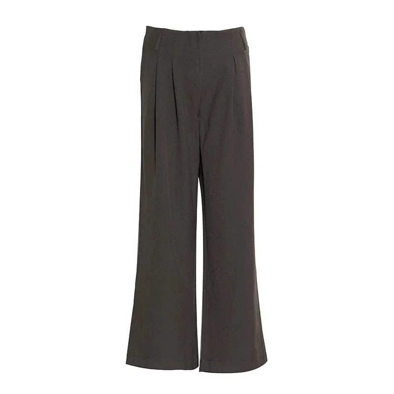 M / Brown CHICEVER Casual Solid Color Wide Leg Patchwork Button High Waist Pants For Women