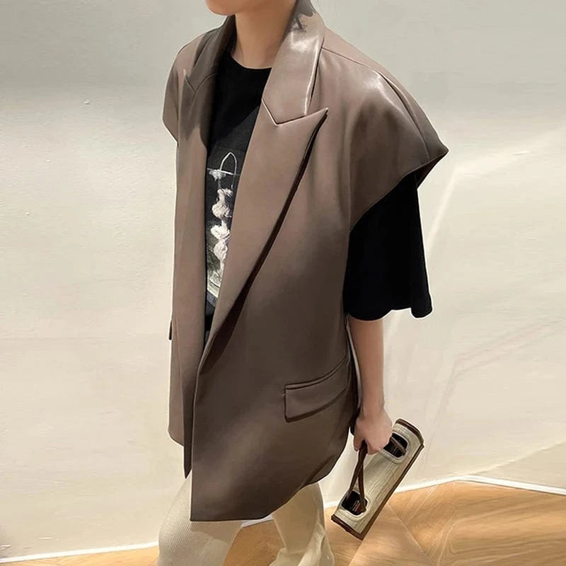 M / Brown CHICEVER High Quality Solid Color Lapel Long Sleeve Leather Jackets For Women 2023