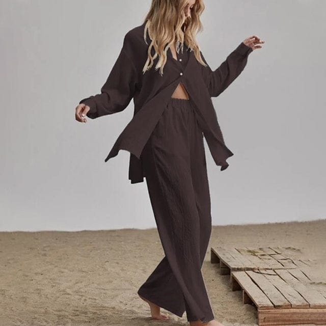 M / Brown Elegant Loose Women Shirt Trouser Suits Long Sleeve Lapel Shirts And Elastic High waist Pants 2 Pieces Set Fashion Office Outfit