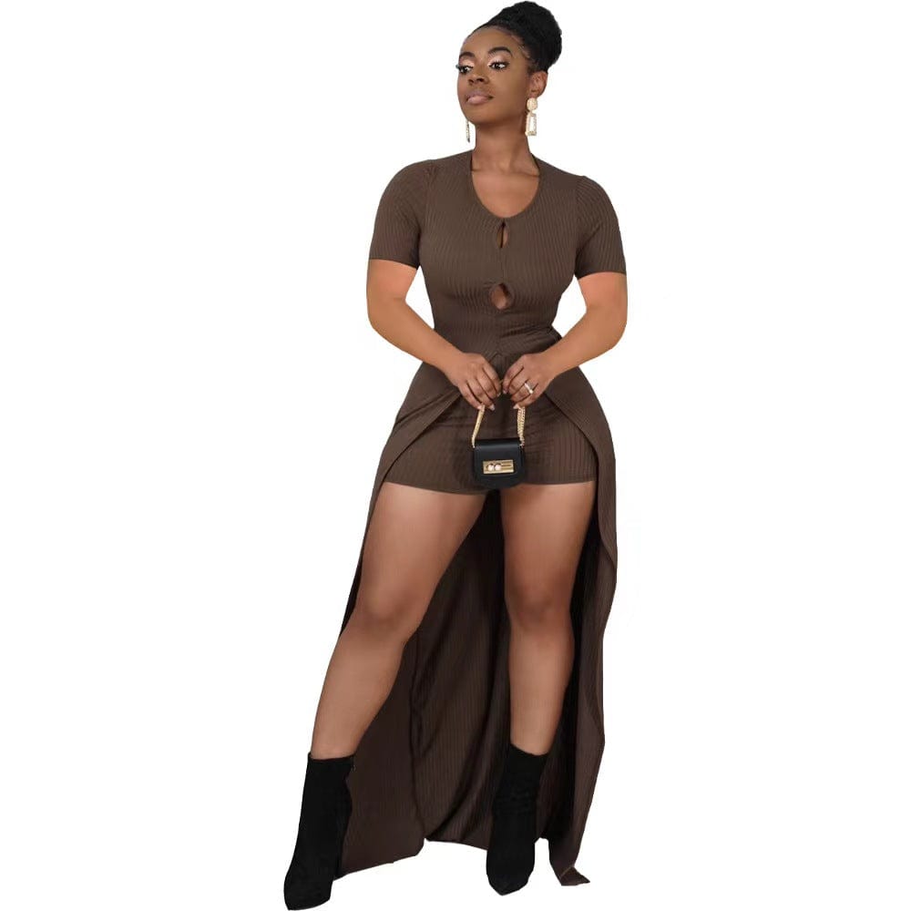 M / Brown J&H 2023 new arrivals chic long shirt and shorts women trendy ribbed 2 piece outfits summer slim fit casual sets