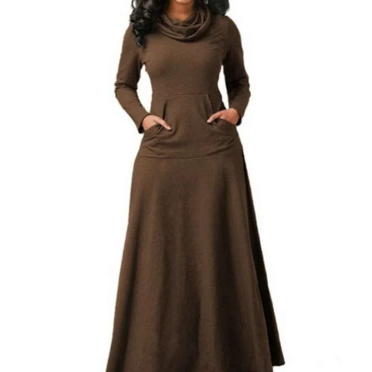M / Brown New Popular Autumn Winter Fashion Casual Pocket Large Size Long Sleeve Solid Color Long Dress 2023