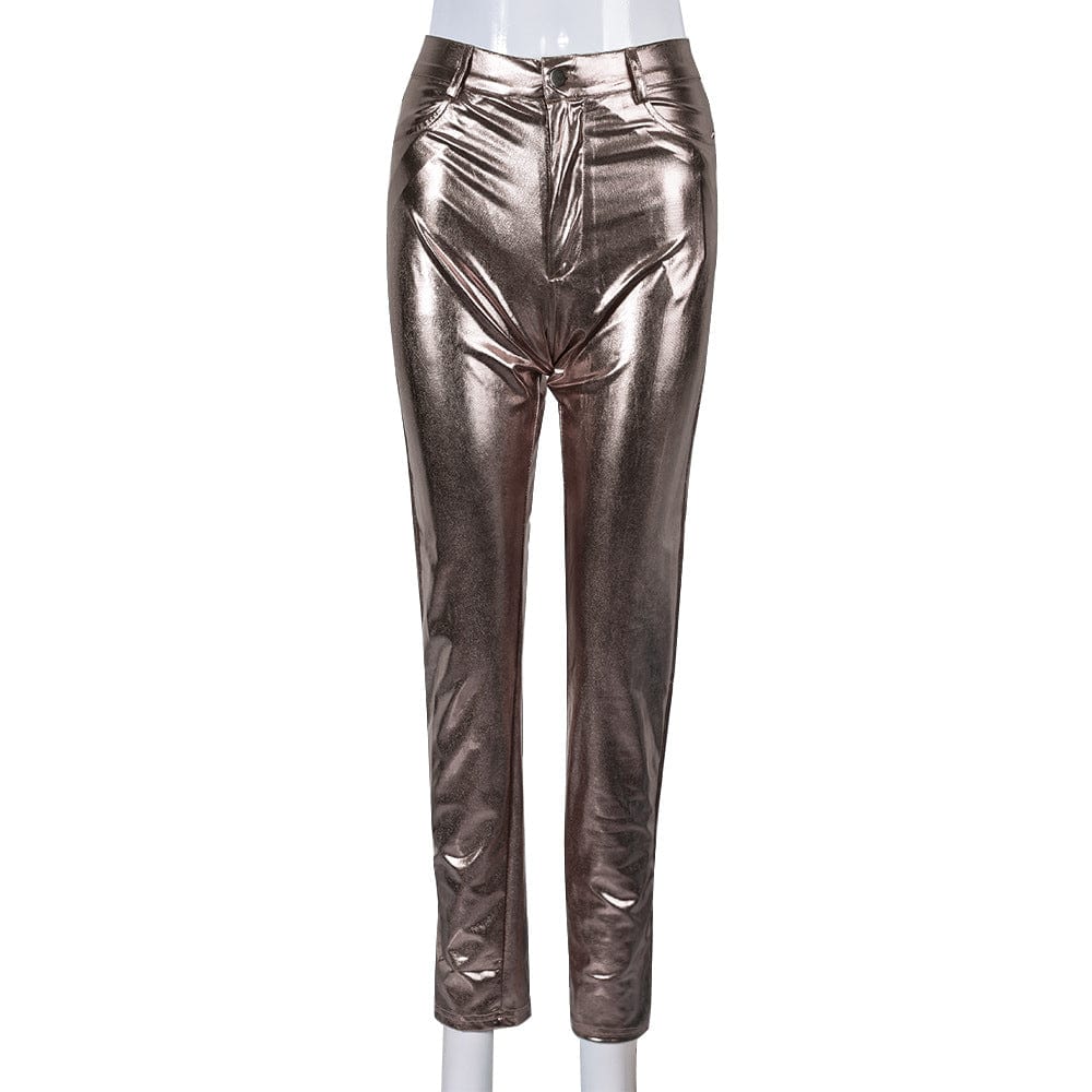 M / Brown OUDINA Fashion Slim Fit Solid  Color Trousers PU Women's Pants & Trousers Shiny Leggings For Women