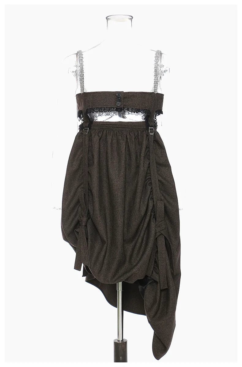 M / Brown OUDINA Fashionable Chain Suspender Irregular Hem Pleated Casual Dresses Sexy Elegant Vintage Women Dress